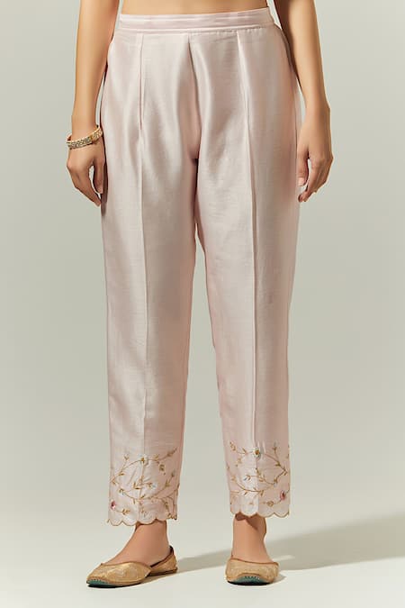 Anantaa By Roohi Pink Silk, Chanderi Embroidery Round Neck Kurta Palazzo Set Online at Aza Fashions Anantaa By Roohi_Pink Silk, Chanderi Embroidery Round Neck Kurta Palazzo Set _Online_at_Aza_Fashions