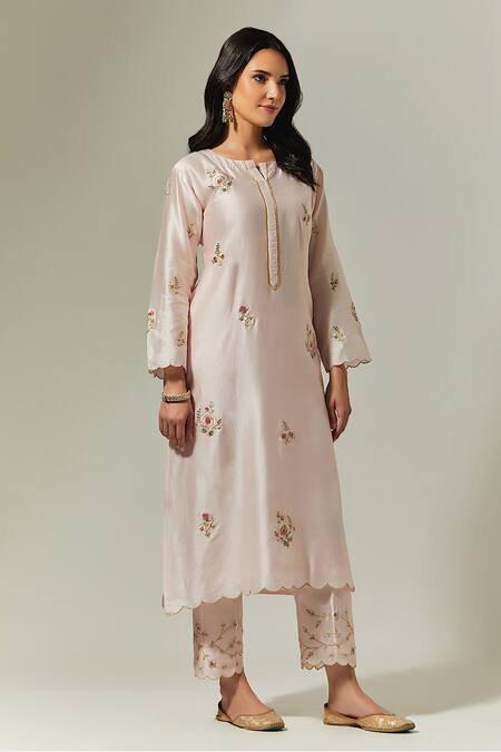 Shop Anantaa By Roohi Pink Silk, Chanderi Embroidery Round Neck Kurta Palazzo Set Online at Aza Fashions Shop_Anantaa By Roohi_Pink Silk, Chanderi Embroidery Round Neck Kurta Palazzo Set _Online_at_Aza_Fashions