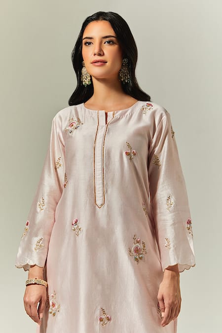 Anantaa By Roohi Pink Silk, Chanderi Embroidery Round Neck Kurta Palazzo Set at Aza Fashions Anantaa By Roohi_Pink Silk, Chanderi Embroidery Round Neck Kurta Palazzo Set _at_Aza_Fashions