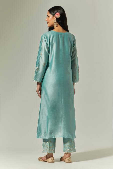 Anantaa by Roohi Blue Silk Chanderi Embroidered Floral Round Kurta Palazzo Set  2