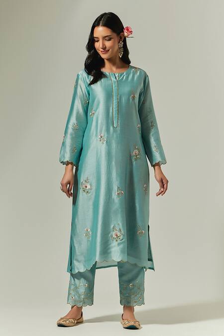 Anantaa by Roohi Blue Silk Chanderi Embroidered Floral Round Kurta Palazzo Set  4