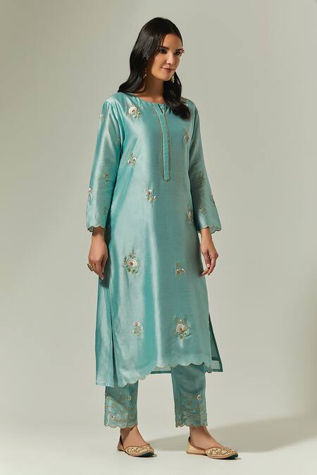 Anantaa by Roohi Blue Silk Chanderi Embroidered Floral Round Kurta Palazzo Set  5