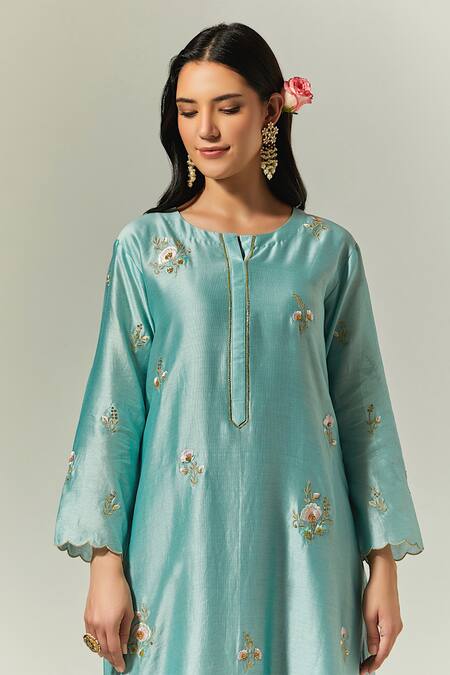 Anantaa by Roohi Blue Silk Chanderi Embroidered Floral Round Kurta Palazzo Set  6