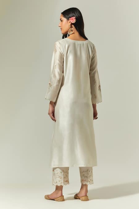 Shop Anantaa By Roohi Off White Silk, Chanderi Embroidery Round Neck Kurta Palazzo Set at Aza Fashions Shop_Anantaa By Roohi_Off White Silk, Chanderi Embroidery Round Neck Kurta Palazzo Set _at_Aza_Fashions