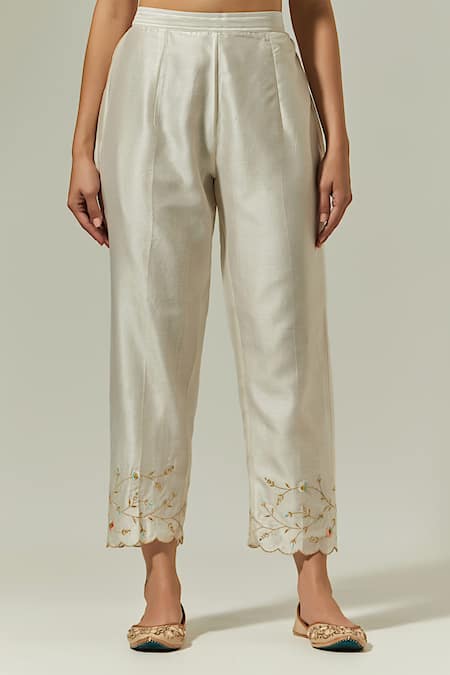 Anantaa By Roohi Off White Silk, Chanderi Embroidery Round Neck Kurta Palazzo Set Online at Aza Fashions Anantaa By Roohi_Off White Silk, Chanderi Embroidery Round Neck Kurta Palazzo Set _Online_at_Aza_Fashions