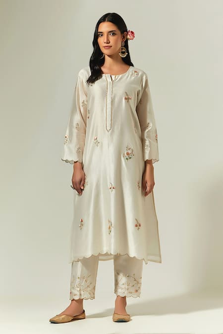 Shop Anantaa By Roohi Off White Silk, Chanderi Embroidery Round Neck Kurta Palazzo Set Online at Aza Fashions Shop_Anantaa By Roohi_Off White Silk, Chanderi Embroidery Round Neck Kurta Palazzo Set _Online_at_Aza_Fashions