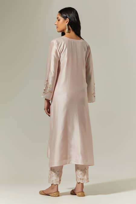 Shop_Anantaa By Roohi_Pink Silk, Chanderi Embroidery, Cut Work Keyhole Neck Hand Kurta Pant Set _at_Aza_Fashions