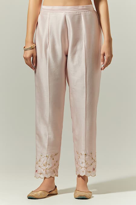 Anantaa By Roohi_Pink Silk, Chanderi Embroidery, Cut Work Keyhole Neck Hand Kurta Pant Set _Online_at_Aza_Fashions