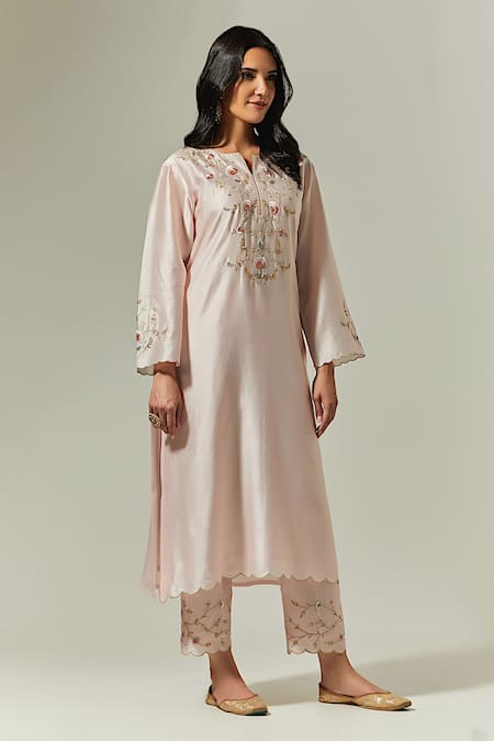 Shop_Anantaa By Roohi_Pink Silk, Chanderi Embroidery, Cut Work Keyhole Neck Hand Kurta Pant Set _Online_at_Aza_Fashions
