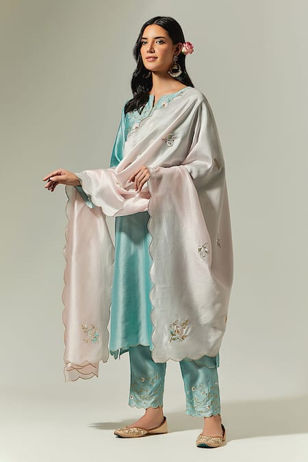 Anantaa By Roohi Blue Silk, Chanderi Embroidery Split V-neck Kurta Pant Set 