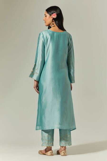Shop Anantaa By Roohi Blue Silk, Chanderi Embroidery Split V-neck Kurta Pant Set at Aza Fashions Shop_Anantaa By Roohi_Blue Silk, Chanderi Embroidery Split V-neck Kurta Pant Set _at_Aza_Fashions