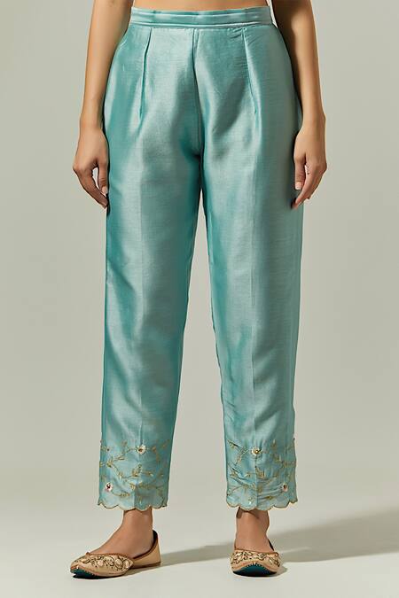 Anantaa By Roohi Blue Silk, Chanderi Embroidery Split V-neck Kurta Pant Set Online at Aza Fashions Anantaa By Roohi_Blue Silk, Chanderi Embroidery Split V-neck Kurta Pant Set _Online_at_Aza_Fashions