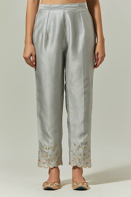 Anantaa By Roohi Gray Silk, Chanderi Embroidery Split V-neck Floral Kurta Set Online at Aza Fashions Anantaa By Roohi_Gray Silk, Chanderi Embroidery Split V-neck Floral Kurta Set _Online_at_Aza_Fashions