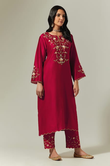 Buy Anantaa By Roohi Red Silk, Chanderi Embroidery Mandarin Collar Kurta Pant Set Online at Aza Fashions Buy_Anantaa By Roohi_Red Silk, Chanderi Embroidery Mandarin Collar Kurta Pant Set _Online_at_Aza_Fashions