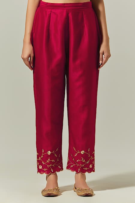 Anantaa By Roohi Red Silk, Chanderi Embroidery Mandarin Collar Kurta Pant Set at Aza Fashions Anantaa By Roohi_Red Silk, Chanderi Embroidery Mandarin Collar Kurta Pant Set _at_Aza_Fashions