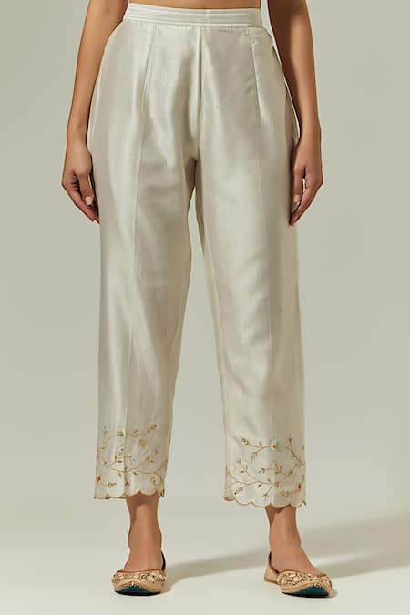 Anantaa By Roohi Off White Silk, Chanderi Embroidery Split V-neck Kurta Pant Set Online at Aza Fashions Anantaa By Roohi_Off White Silk, Chanderi Embroidery Split V-neck Kurta Pant Set _Online_at_Aza_Fashions
