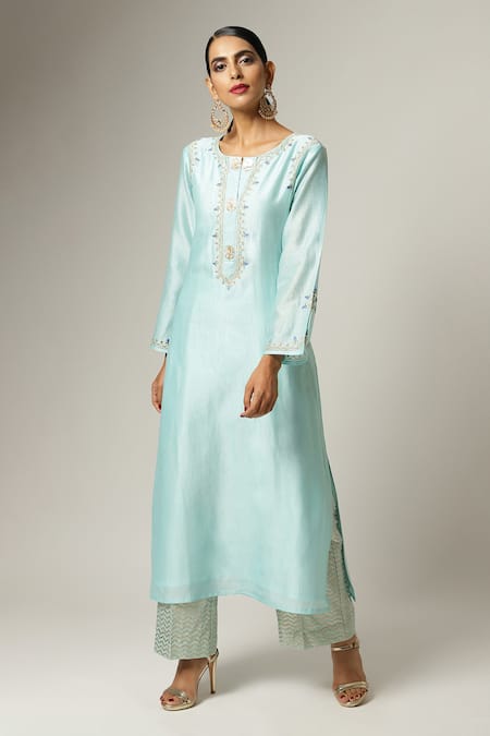 Anantaa By Roohi_Blue Silk, Chanderi Embroidery Round Neck Kurta Pant Set _Online_at_Aza_Fashions