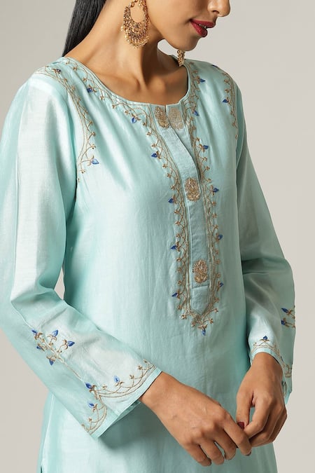 Buy_Anantaa By Roohi_Blue Silk, Chanderi Embroidery Round Neck Kurta Pant Set _Online_at_Aza_Fashions
