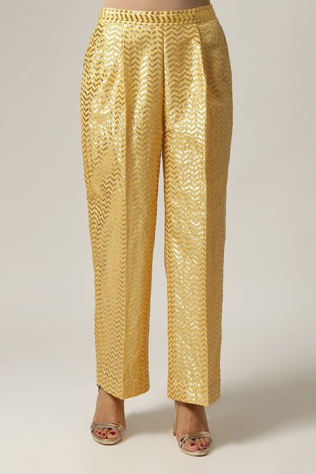 Shop_Anantaa By Roohi_Yellow Silk, Chanderi Embroidery Round Neck Kurta Pant Set _Online_at_Aza_Fashions