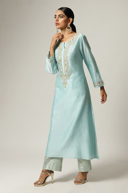 Shop_Anantaa By Roohi_Blue Silk, Chanderi Beads, Embroidery Round Neck Yoke Kurta Pant Set _at_Aza_Fashions