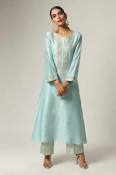 Anantaa By Roohi_Blue Silk, Chanderi Beads, Embroidery Round Neck Yoke Kurta Pant Set _Online_at_Aza_Fashions