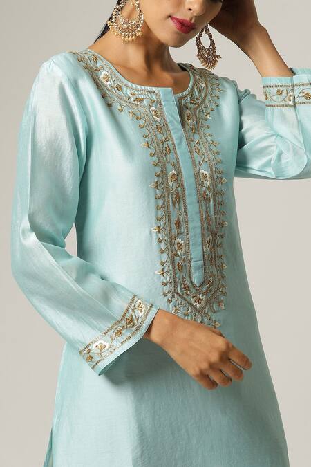 Buy_Anantaa By Roohi_Blue Silk, Chanderi Beads, Embroidery Round Neck Yoke Kurta Pant Set _Online_at_Aza_Fashions