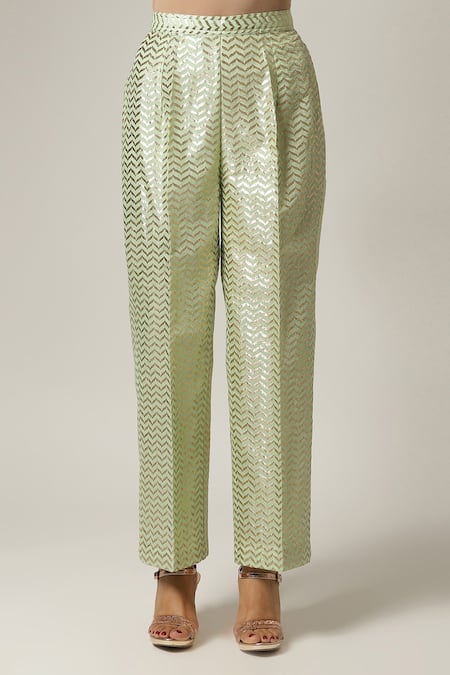 Shop_Anantaa By Roohi_Green Silk, Chanderi Embroidery Split V-neck Kurta Pant Set _Online_at_Aza_Fashions