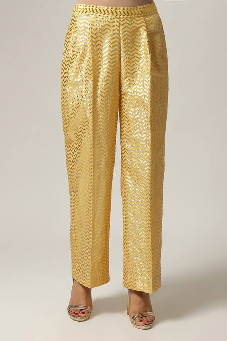 Shop_Anantaa By Roohi_Yellow Silk, Chanderi Embroidery Split V-neck Yoke Kurta Set _Online_at_Aza_Fashions