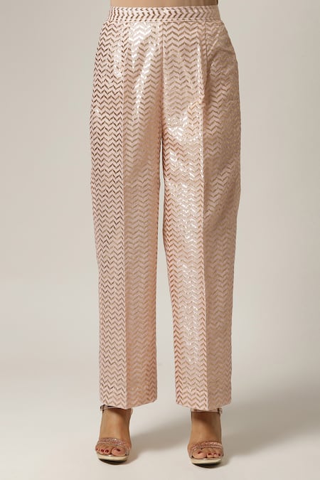 Shop_Anantaa By Roohi_Pink Silk, Chanderi Embroidery Split V-neck Kurta Set _Online_at_Aza_Fashions