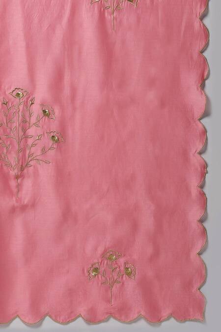 Anantaa By Roohi_Pink Silk, Chanderi Embroidery Split V-neck Kurta Set _at_Aza_Fashions