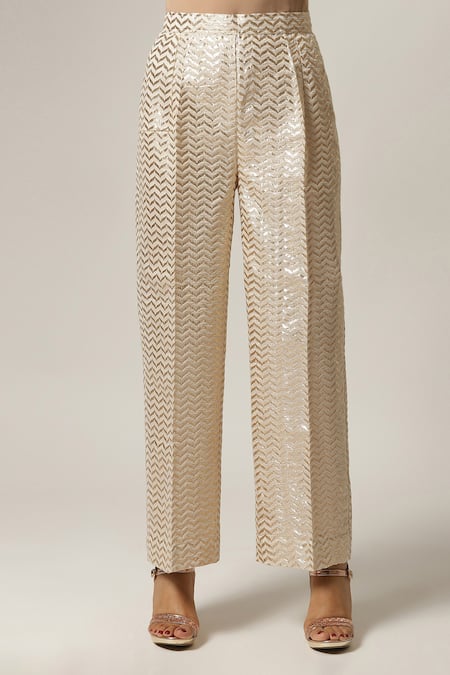 Shop_Anantaa By Roohi_Off White Silk, Chanderi Embroidery Split V-neck Full Sleeve Kurta Set _Online_at_Aza_Fashions