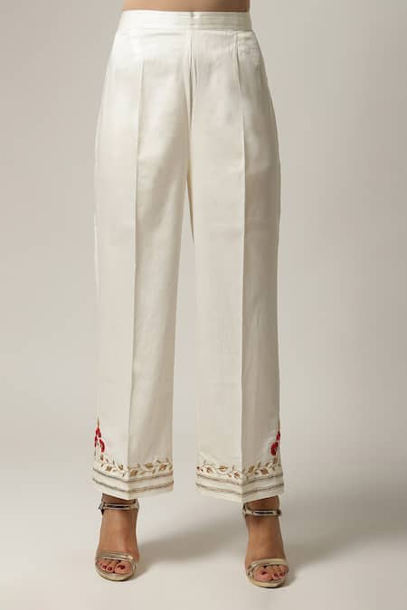 Shop_Anantaa By Roohi_Off White Silk, Chanderi Embroidery Split V-neck Notched Kurta Set _Online_at_Aza_Fashions