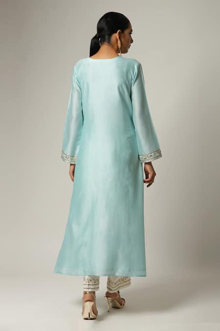 Shop_Anantaa By Roohi_Blue Silk, Chanderi Embroidery Split V-neck Notched Kurta Palazzo Set _at_Aza_Fashions