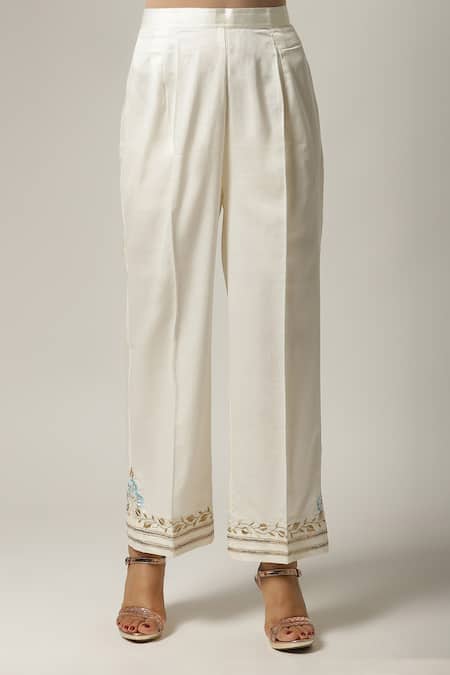 Shop_Anantaa By Roohi_Blue Silk, Chanderi Embroidery Split V-neck Notched Kurta Palazzo Set _Online_at_Aza_Fashions