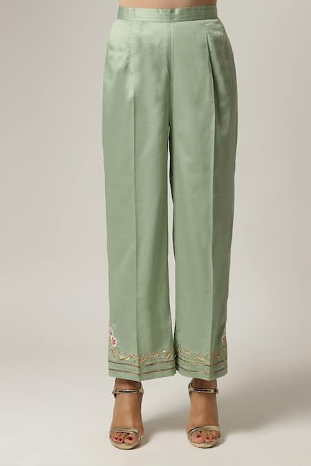 Buy_Anantaa By Roohi_Green Silk, Chanderi Embroidery Split V-neck Panelled Kurta Pant Set _Online_at_Aza_Fashions