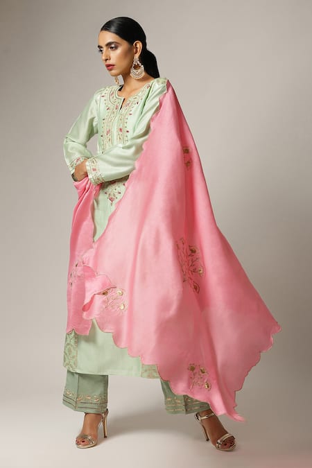 Shop_Anantaa By Roohi_Green Silk, Chanderi Embroidery Split V-neck Panelled Kurta Pant Set _Online_at_Aza_Fashions