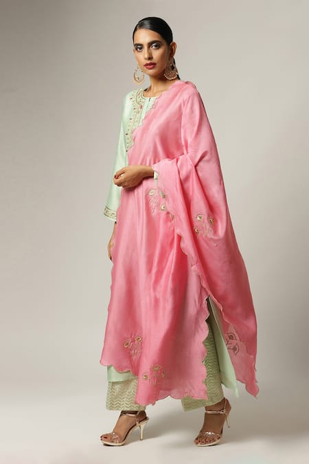 Buy_Anantaa By Roohi_Green Silk, Chanderi Embroidery Split V-neck Panelled Kurta Pant Set 