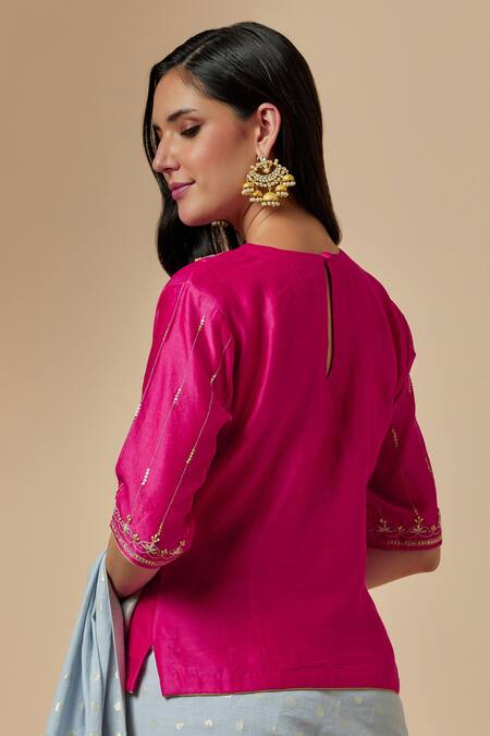 Buy_Anantaa By Roohi_Grey Silk, Chanderi, Cotton Polka Dot Pattern Saree With Fuchsia Blouse_Online_at_Aza_Fashions