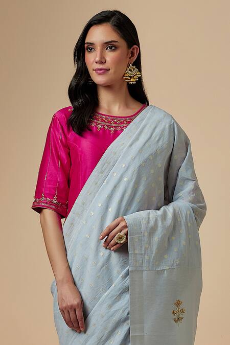 Shop_Anantaa By Roohi_Grey Silk, Chanderi, Cotton Polka Dot Pattern Saree With Fuchsia Blouse_Online_at_Aza_Fashions