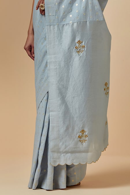 Anantaa By Roohi_Grey Silk, Chanderi, Cotton Polka Dot Pattern Saree With Fuchsia Blouse_at_Aza_Fashions