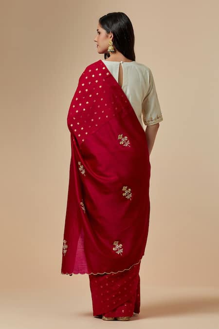 Shop Anantaa By Roohi Red Silk, Chanderi, Cotton Polka Dot Pattern Saree With Contrast Blouse at Aza Fashions Shop_Anantaa By Roohi_Red Silk, Chanderi, Cotton Polka Dot Pattern Saree With Contrast Blouse_at_Aza_Fashions