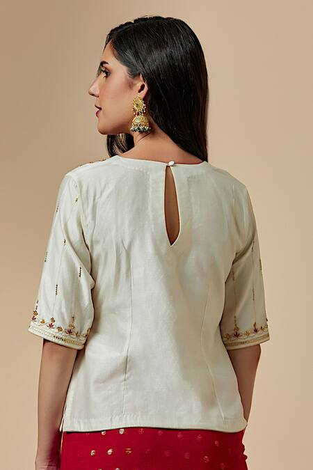 Shop Anantaa By Roohi Red Silk, Chanderi, Cotton Polka Dot Pattern Saree With Contrast Blouse Online at Aza Fashions Shop_Anantaa By Roohi_Red Silk, Chanderi, Cotton Polka Dot Pattern Saree With Contrast Blouse_Online_at_Aza_Fashions