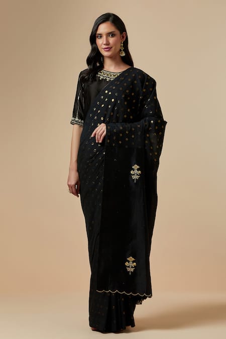 Anantaa by Roohi Black Saree Cotton Embroidered Floral Metallic Polka Dot Pattern With Blouse 