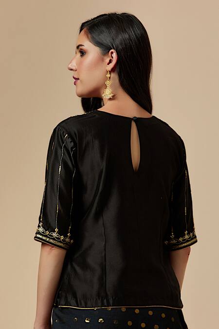 Shop Anantaa By Roohi Black Cotton, Silk, Chanderi Metallic Polka Dot Pattern Saree With Blouse Online at Aza Fashions Shop_Anantaa By Roohi_Black Cotton, Silk, Chanderi Metallic Polka Dot Pattern Saree With Blouse_Online_at_Aza_Fashions