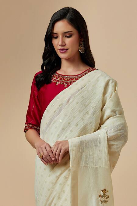 Off White And Pink Designer Silk Saree With Embroidered Blouse | Kolour