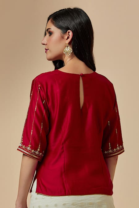 Shop Anantaa By Roohi Off White Cotton, Silk, Chanderi Polka Dot Pattern Saree With Red Blouse Online at Aza Fashions Shop_Anantaa By Roohi_Off White Cotton, Silk, Chanderi Polka Dot Pattern Saree With Red Blouse_Online_at_Aza_Fashions