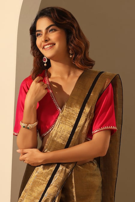 Buy_Weaver Story_Red Silk Embroidery V-neck Bengaluru Blouse _Online_at_Aza_Fashions