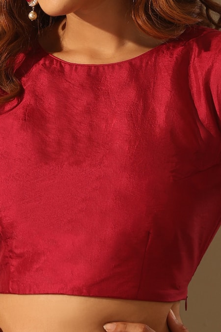 Weaver Story_Red Silk Round Neck Pure Blouse _Online_at_Aza_Fashions