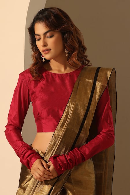Buy_Weaver Story_Red Silk Round Neck Pure Blouse _Online_at_Aza_Fashions