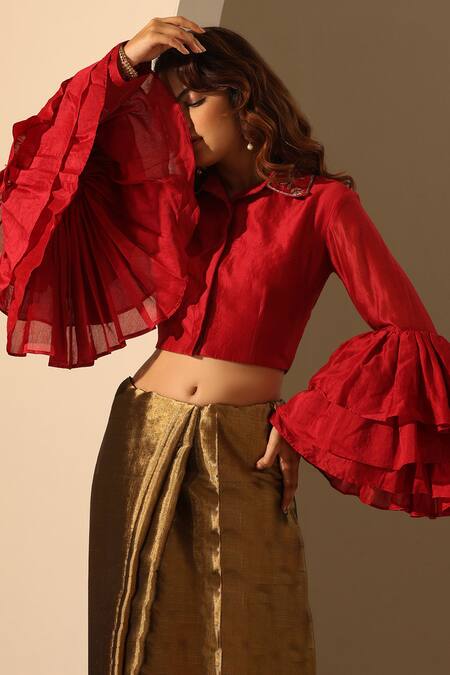 Weaver Story_Red Heavy Weight Chanderi Placement Hand Embroidery Leaf Ruffled Sleeve Blouse _Online_at_Aza_Fashions